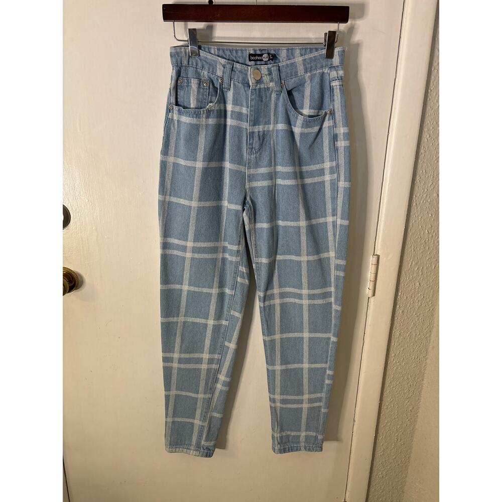 Boohoo Blue/White Windowpane Jeans 4 Academia Classic Preppy Cottagecore Retro